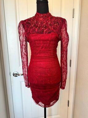 Bebe Ruby Red Embellished Lace Cocktail Dress | XS/S | Open Back Statement